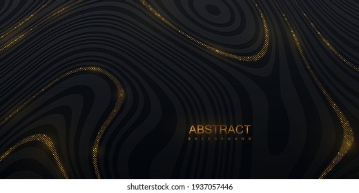 Black striped texture with golden glitters. Abstract marbling background. Vector illustration. Smooth fluid lines pattern. Modern poster design. Trendy cover with wavy black and gold lines