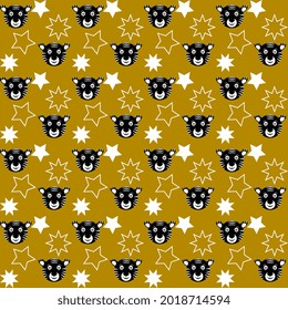 Black striped tigers and stars on a gold background. Vector seamless cartoon illustration for cards and invitations.