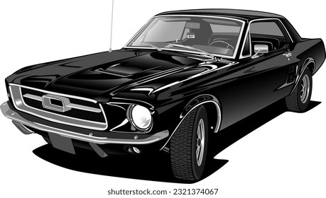 black stripes american muscle sports coupe style classic oldschool vintage retro antique car front side wheels vector illustration