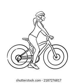 black stripes beautiful girl riding a fat bike.Isolated vector illustration on a white background.