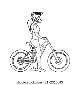 Black stripes depicting a beautiful girl wearing a helmet straddling a downhill mountain bike.Isolated vector illustration on a white background.