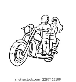Black stripes depicting man riding chopper motorcycle   long  haired woman sitting the back vector illustration isolated white background