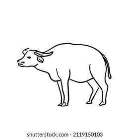 The black stripes of a large horned buffalo are standing.Isolated vector illustration on a white background.