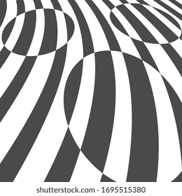 Black stripes on white and circles with inverse the color. Pattern with curved lines and round shapes. Abstract striped surface in perspective angle. Vector graphic illustration.