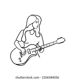 black stripes woman playing electric guitar.Isolated vector illustration on a white background.