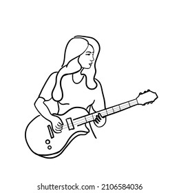 Black Stripes Woman Playing Electric Guitar.Isolated Vector Illustration On A White Background.