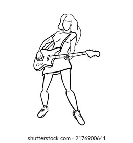 Black Stripes Woman Playing Electric Guitar.Isolated Vector Illustration On A White Background.