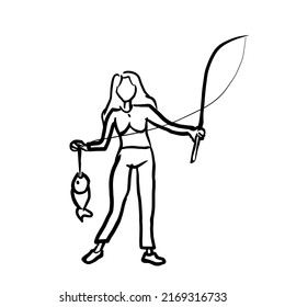 Black Stripes Woman Standing Fishing.There Is A Big Fish In The Hand.left Hand Holding A Fishing Rod.Isolated Vector Illustration On A White Background.