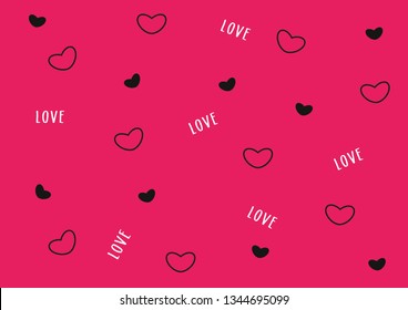 black stroke and fill hearts on pink background with love