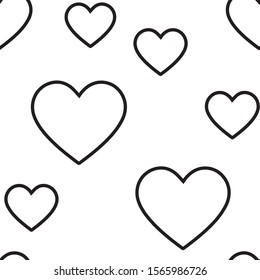 Black stroke heart design element seamless pattern. White background textile texture.