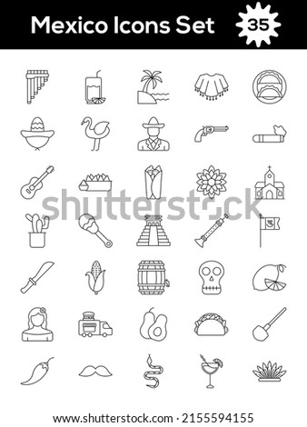 Black Stroke Mexico Icon Set In Flat Style.
