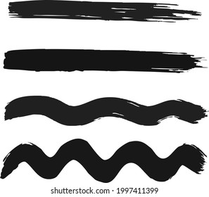 Schwarze Striche, Linien mit einem breiten Pinsel auf transparentem Hintergrund, gezeichnet, gerade und gewellt