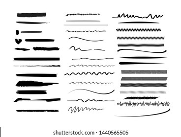 Black strokes set. Doodles, hand drawn brushes elements, freehand scribbles, lines, waves and zigzags. Vector illustrations can be used for design work, drawn templates