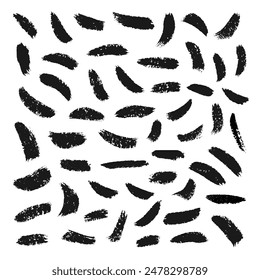 Black strokes of watercolor, gouache, acrylic with an artistic brush of different shapes and sizes with uneven torn edges. Vector illustration on white isolated background.