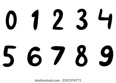 Black strong mathematical digits from 0 to 9 font collection set. Vector illustration in hand drawn doodle style isolated on white background. For birthday, learning, card, logo, sales, decorating.