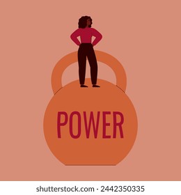 Mujer negra fuerte de pie en una gran kettlebell con texto en ella. Mujer afroamericana en una gran mancuerna como símbolo del poder femenino. Ilustración vectorial para el empoderamiento femenino.