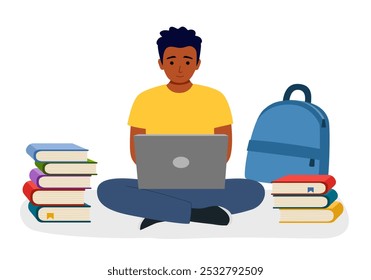 Black student with computer studying and stack of books in flat design on white background.