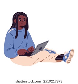 Black student with dreadlocks sits on floor, holds laptop. Happy teenager typing on computer, communicates online. Cute teen learning with remote education. Flat isolated vector illustration on white.