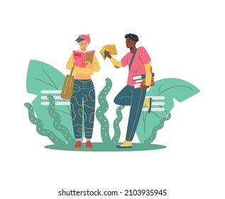 Black Student Give Book To Read To His Asian Female Friend. Young People Of Different Ethnicities Exchange Their Opinions About Book At College, Library Or Bookshop. Cartoon Flat Vector Illustration.