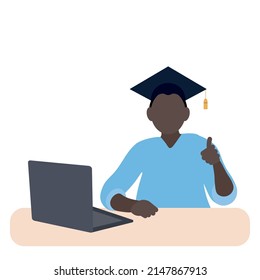 Black student portrait with laptop, flat vector, isolated on white background, faceless illustration, happy student
