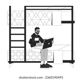 Black student sitting on bunkbed with laptop flat line black white vector character. Editable outline full body person. Studying in bed simple cartoon isolated spot illustration for web design