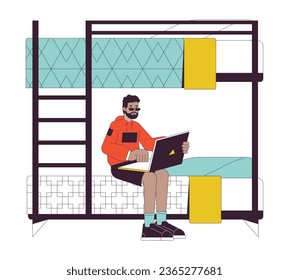 Black student sitting on bunkbed with laptop flat line color vector character. Editable outline full body person on white. Studying in bed simple cartoon spot illustration for web graphic design