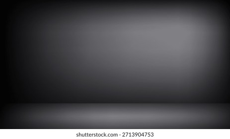 Fundo de estúdio preto com ponto de luz. Quarto 3D vazio com parede monocromática escura e piso, gradiente de cor. Banner horizontal do vetor para a apresentação do produto, modelo em branco HD, espaço da foto.