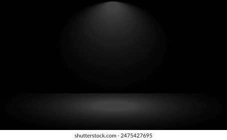 Black studio background with lights shining on the floor, black wall room with spotlights, edited illustration used for product display.