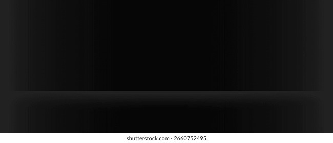 Fondo de estudio negro con luces que brillan en el piso, sala de pared negra con focos, ilustración editada utilizada para la exhibición del producto.