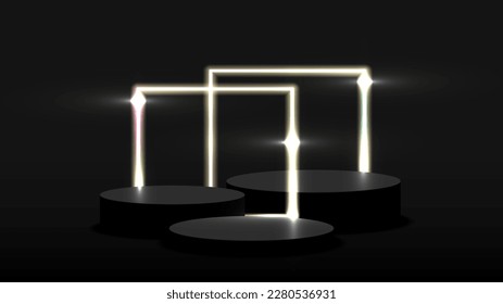Black studio background with stage pedestals and square neon light. Abstract background. Vector illustration.