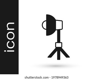 Black Studio light bulb in softbox icon isolated on white background. Shadow reflection design.  Vector