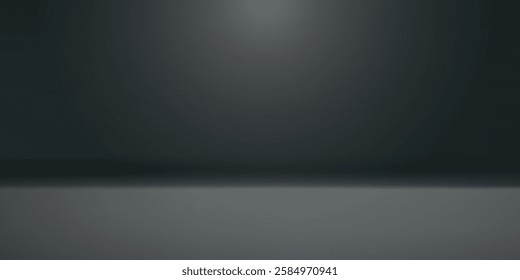 Black studio room. Limbo dark grey background. Abstract 3d backdrop for product presentation. Minimal wall scene. Showcase, promotion display. Vector 