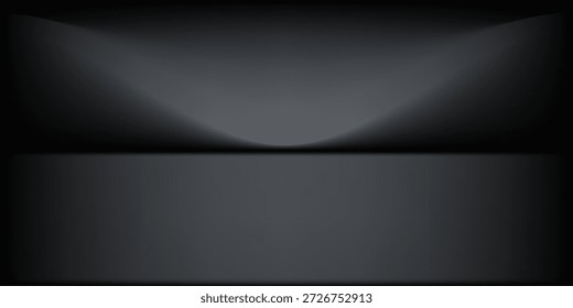 Cuarto de estudio negro. Limbo fondo de foco gris oscuro. Abstractas telón de fondo 3D para la presentación del producto. Escena de pared mínima. Escaparate, exhibición de la promoción. Ilustración de maqueta de etapa de Vector

