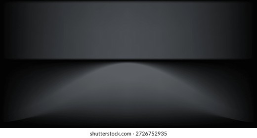Cuarto de estudio negro. Limbo fondo de foco gris oscuro. Abstractas telón de fondo 3D para la presentación del producto. Escena de pared mínima. Escaparate, exhibición de la promoción. Ilustración de maqueta de etapa de Vector

