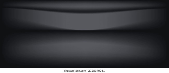 Cuarto de estudio negro. Limbo fondo de foco gris oscuro. Abstractas telón de fondo 3D para la presentación del producto. Escena de pared mínima. Escaparate, exhibición de la promoción. Ilustración de maqueta de etapa de Vector

