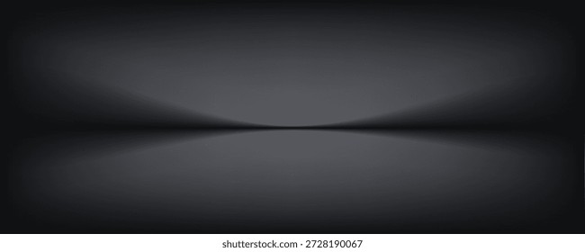Cuarto de estudio negro. Limbo fondo de foco gris oscuro. Abstractas telón de fondo 3D para la presentación del producto. Escena de pared mínima. Escaparate, exhibición de la promoción. Ilustración de maqueta de etapa de Vector

