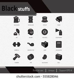 Black stuffs vector icons set.  Premium quality outline symbol collection. Stroke vector logo concept, web graphics.