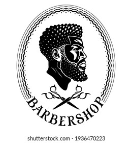 Black style barbershop. Logo design for Afro American barber. Profile of a cool black man with a taper fade haircut and long beard. Head and crossed scissors in the oval frame. Original vintage font. svg
