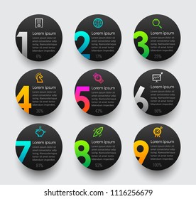 Black style circle Infographic template with icons and 9 options or steps. Vector Infographics for business concept.