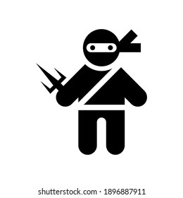 Black style icon of cute ninja hold the trident dagger. Flat cartoon illustration for logo or brand identity. 