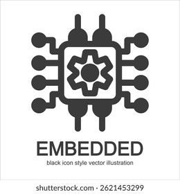 black style vector icon of embedded system chip with gear and circuit design. Simple and minimal illustration.