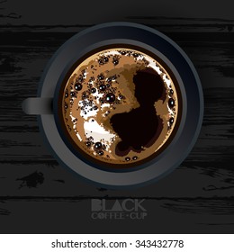 Black style vector realistic cup of coffee, americano, espresso, cheerful morning. Design for coffee bar. Coffee cup on ceramic cups and saucers on stylish black wooden desk background