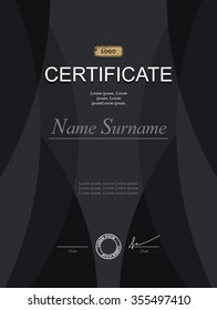 Black stylish certificate. Template for diploma. Strict modernist certificate in dark tones. Template for serious black certificate for business projects.
