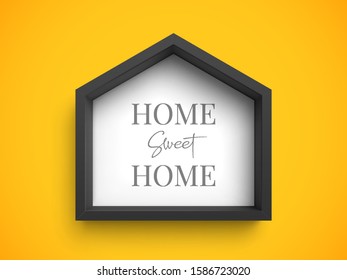 Black stylish frame in shape of house with inscription "Home Sweet Home" on yellow background. Mock up photo frame. Real estate symbol