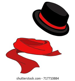 Black stylish Hat with red ribbon and red scarf isolated on white.