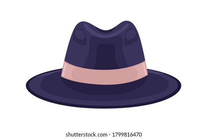 Black stylish headdress decorated with ribbon vector flat illustration. Classic men s brimmed felt hat isolated on white. Formal fashion accessory. Male trendy headwear