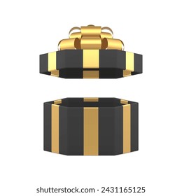 Black stylish luxury wrapped open gift box with golden bow ribbon 3d icon realistic vector