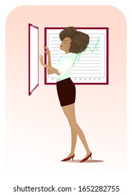 Black stylish young businesswoman with afro hair standing in front of a touchscreen. Business lifestyle, financial concept with market diagram, economic growth chart. Flat cartoon vector illustration 