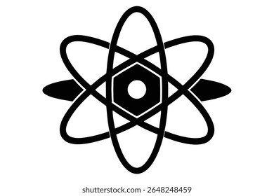 Uma silhueta de átomos estilizados em preto sobre um fundo branco O átomo é representado com linhas pretas grossas, criando um estilo gráfico arrojado. O núcleo central é hexagonal.