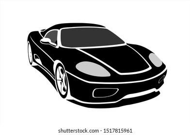 Black Stylized Car, Side view, Three-quarter view. Fast Racing car. Sport car. Modern flat Vector illustration on white background.